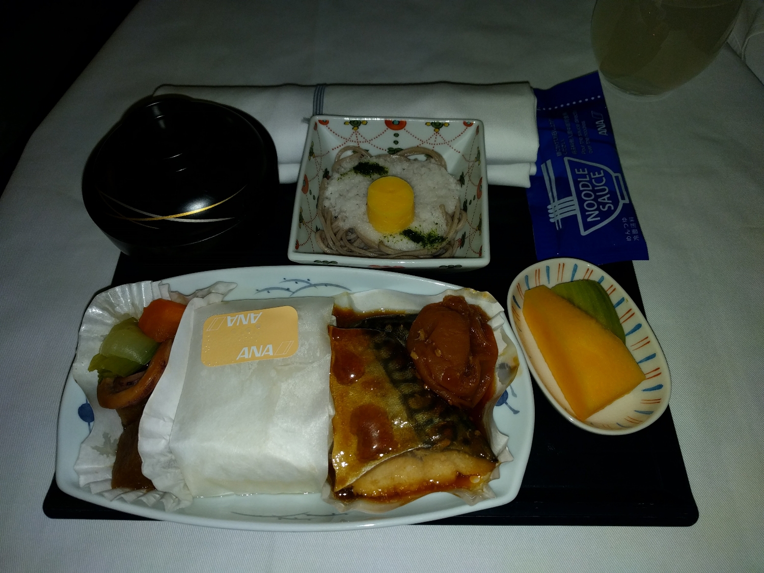 last Washoku - middle pouch is rice, top is cold noodles with grated yam