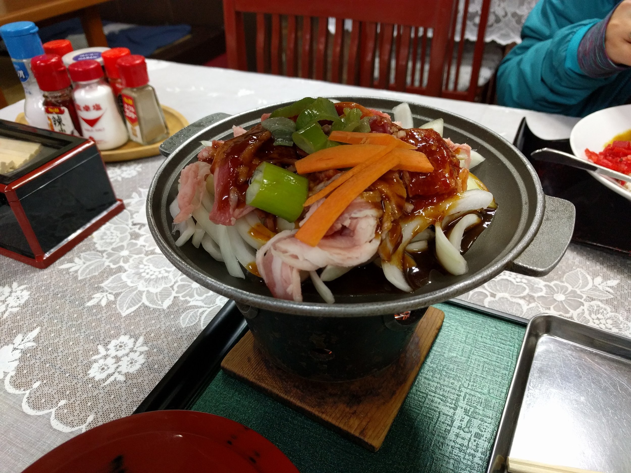 <p>Sukiyaki bowl at the same questionable restaurant in Lake Towada. Actually tasted good (beefy according to Lishan) but also $$.</p>