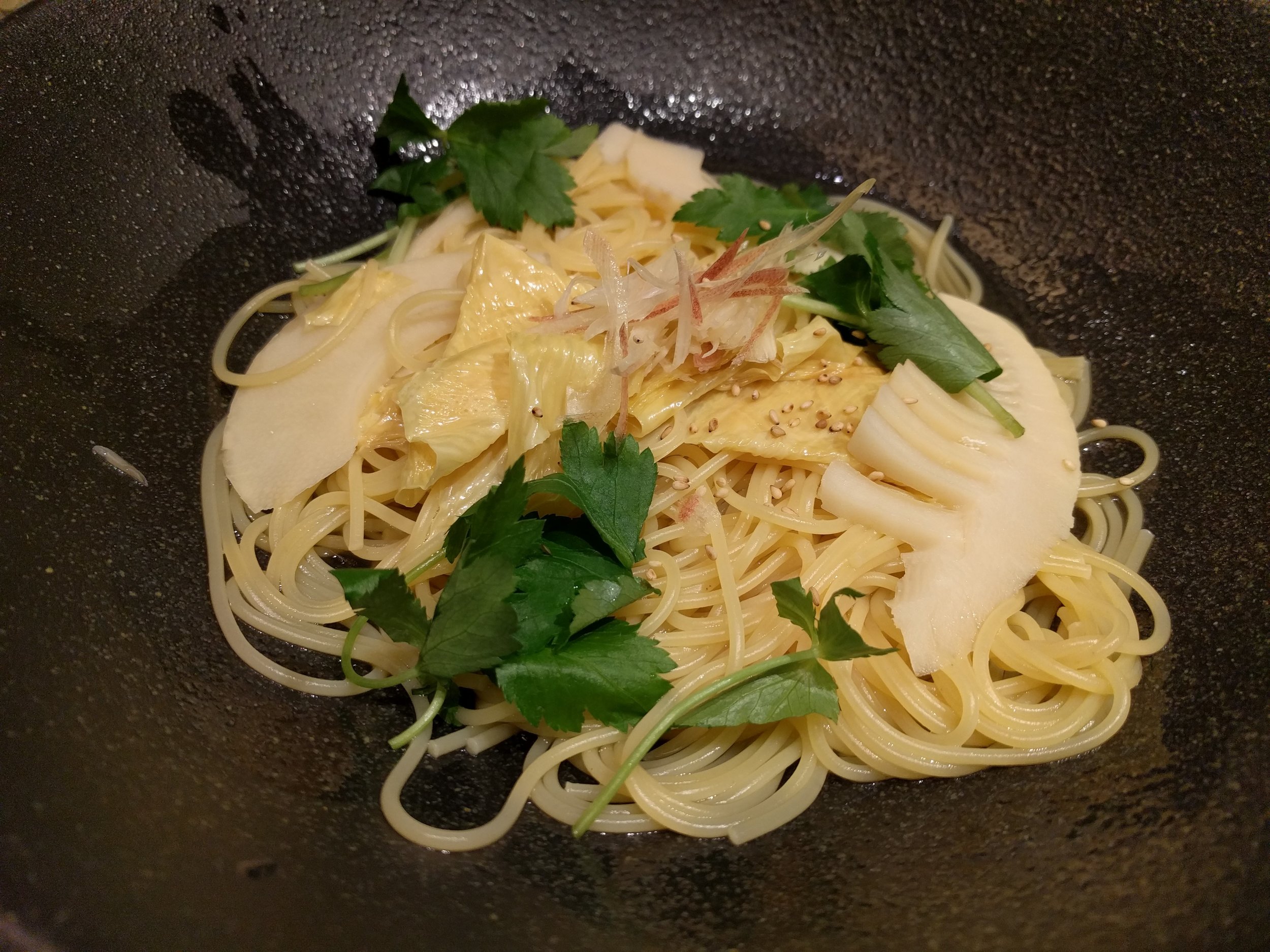 Bamboo and beancurd skin in dashi