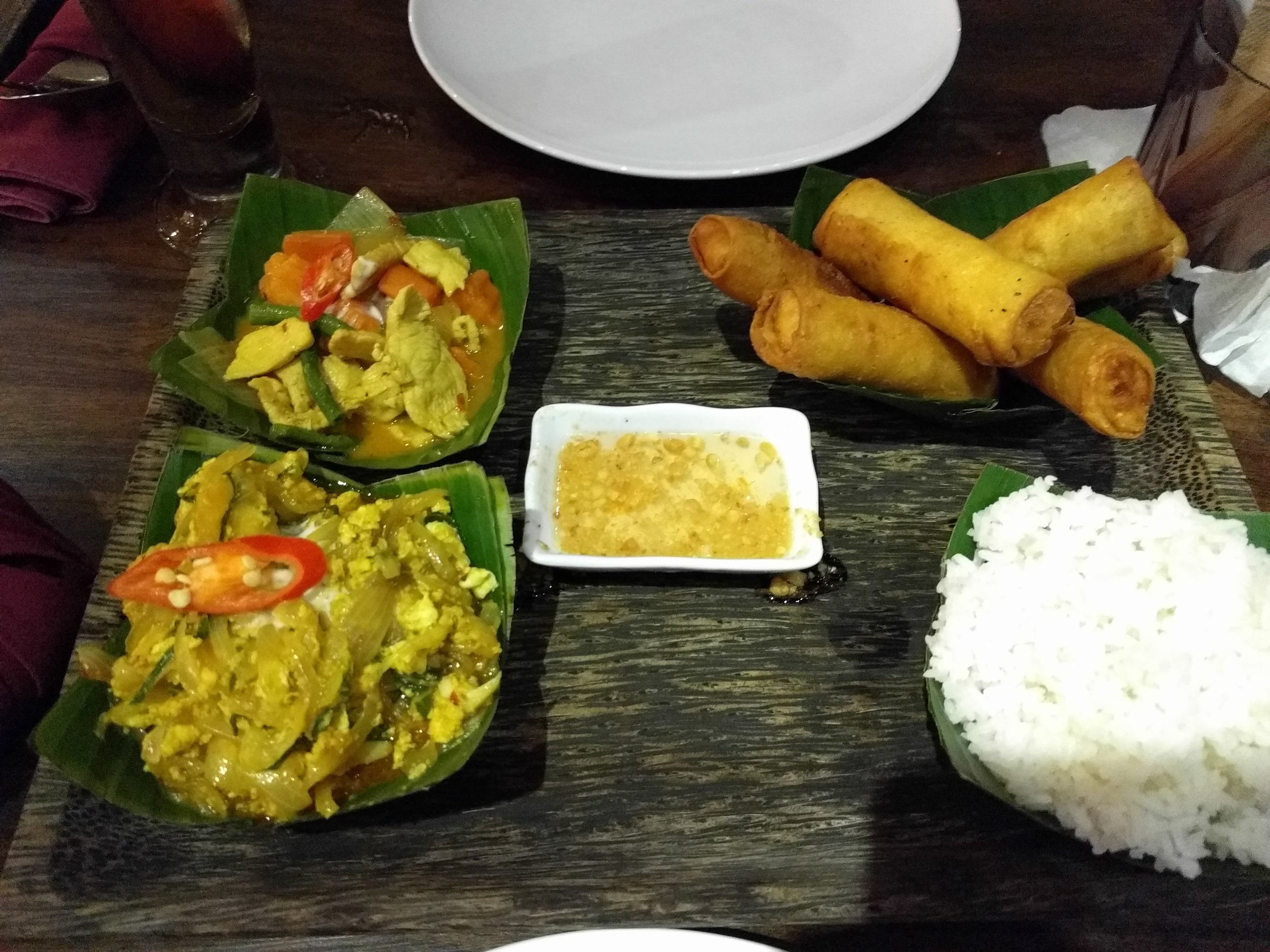 Cambodian platter - fish amok, fried spring roll, khmer curry