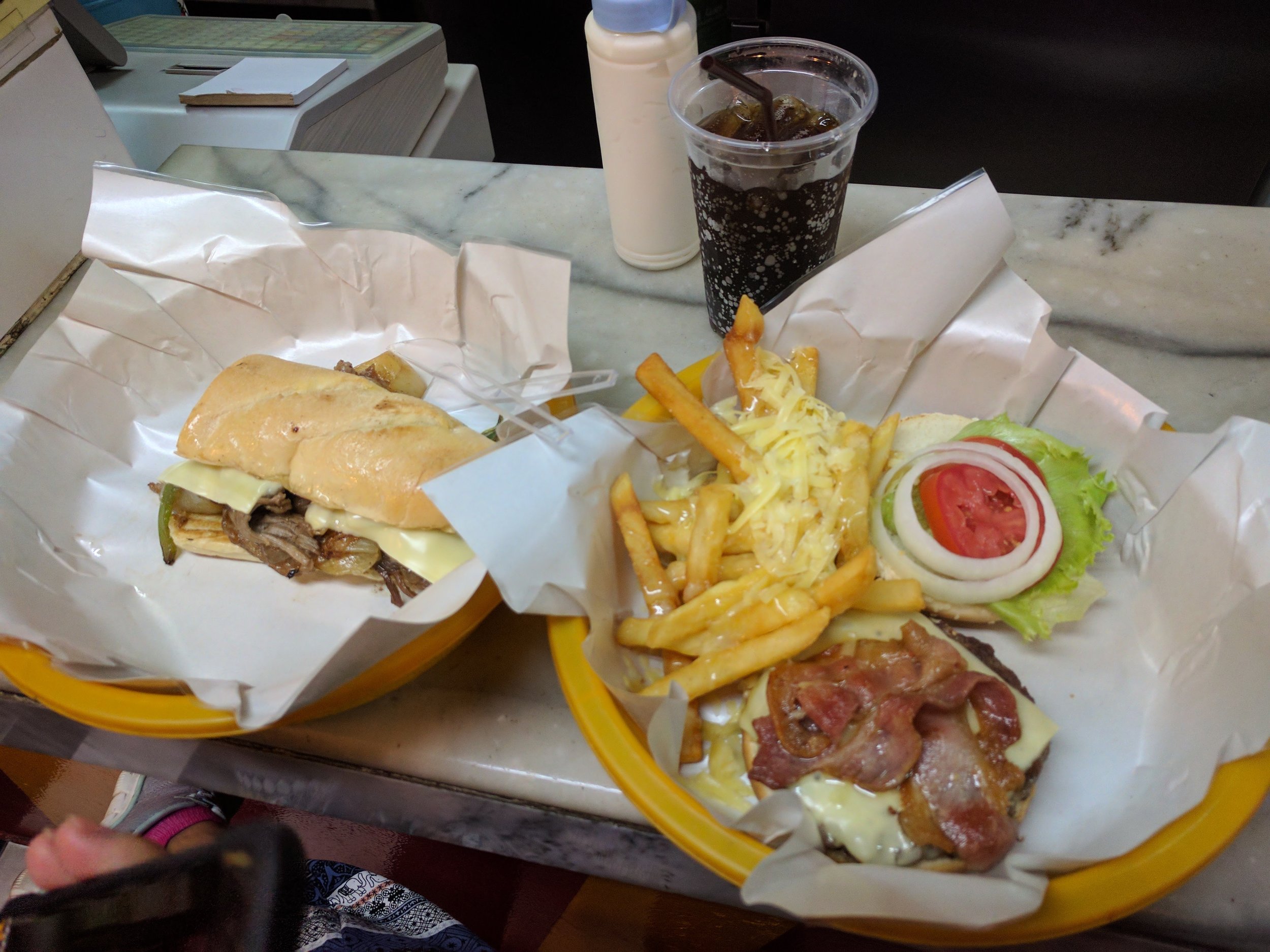 Philly and burger with "cheese" fries