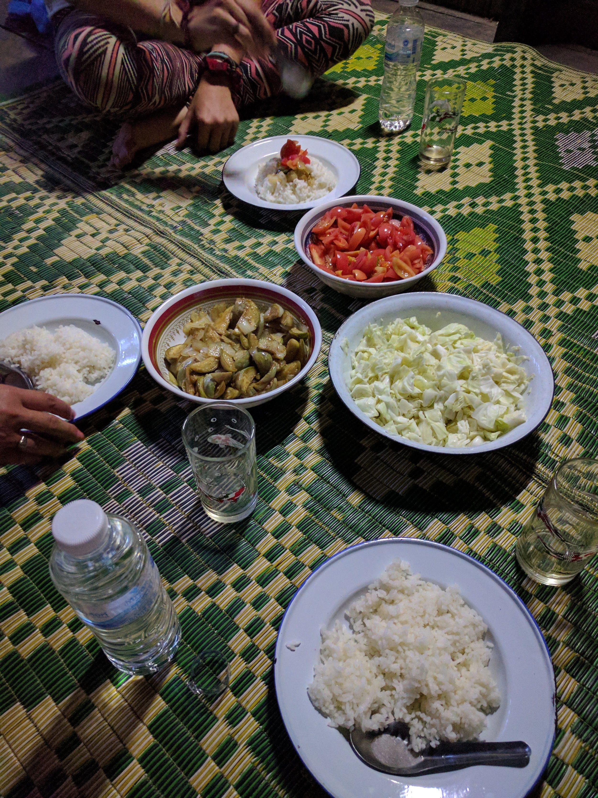 rice, eggplant with onions, cabbage and tomatoes