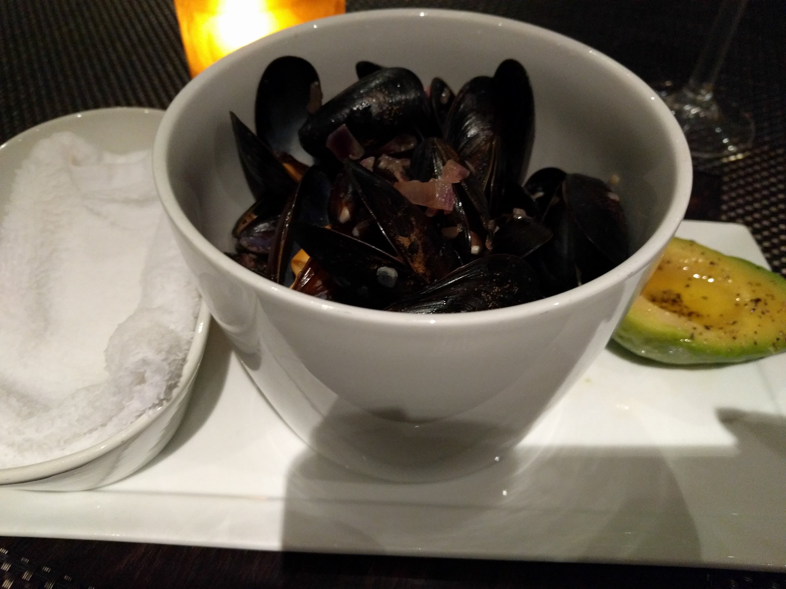 Mussels and a salt-baked avocado