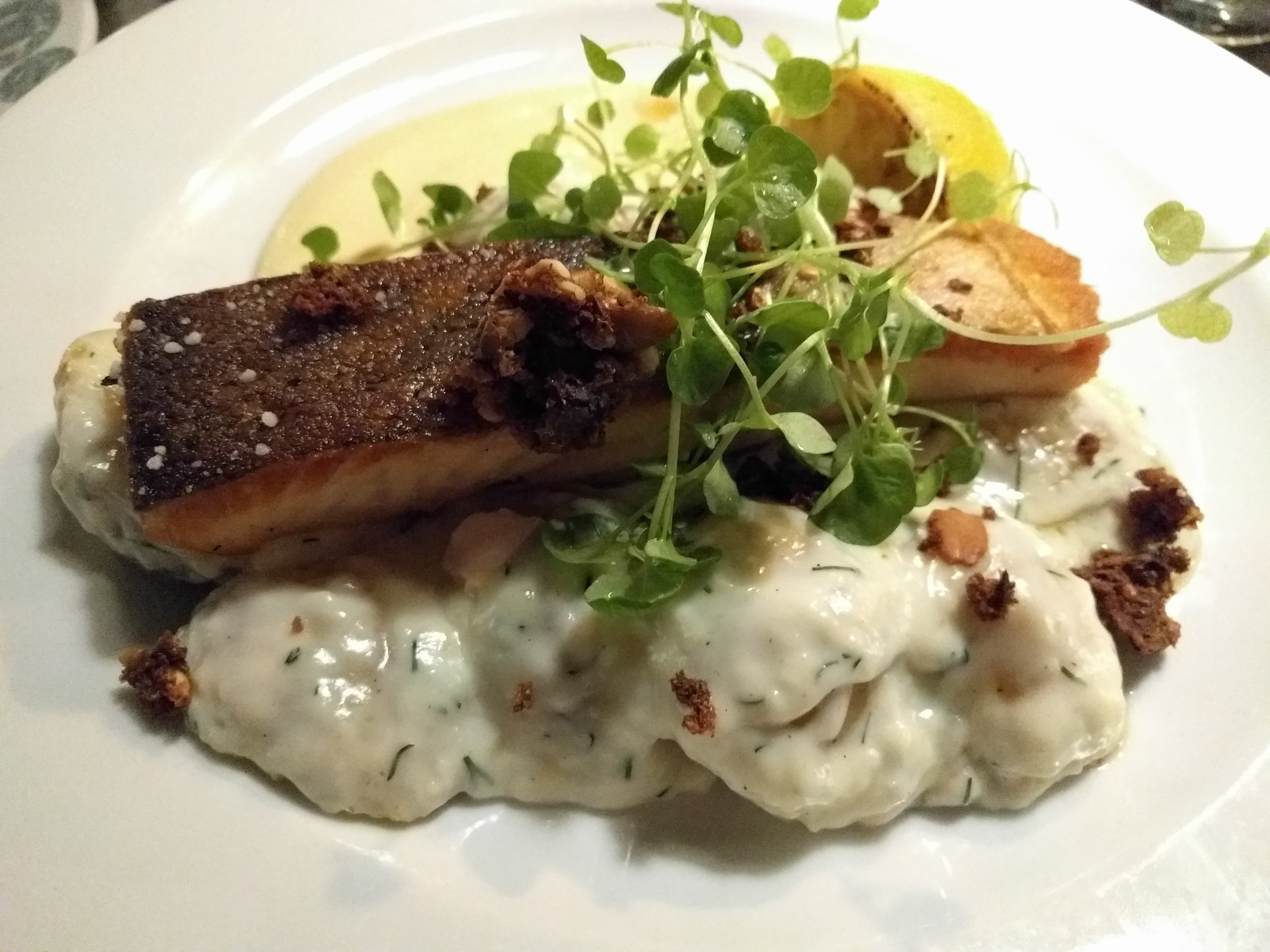 <p>This is one of the best restaurant salmon dishes I've had! The skin was super crispy but it was tender and flaky underneath. Most restaurant salmon tends to be too overcooked for my test, but the Danish really know how to cook their salmon well! The salmon in my bouillabaisse from lunch was spot on too</p>