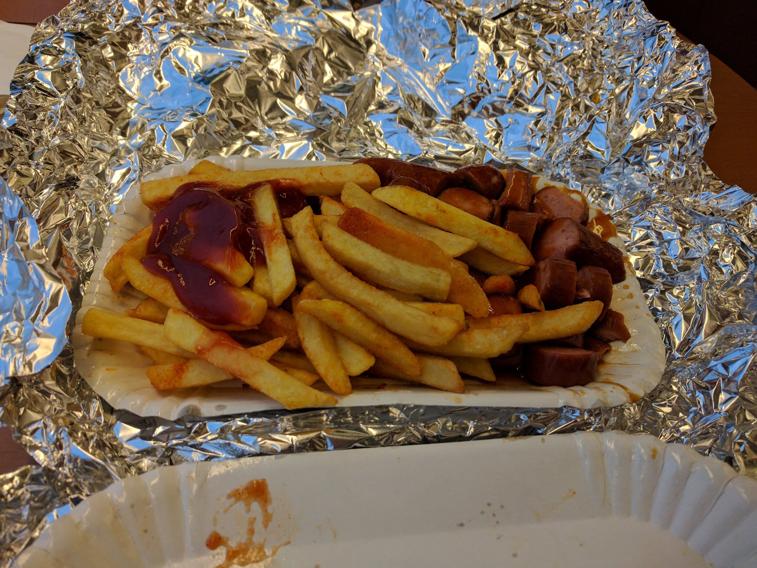 Currywurst and fries for dinner