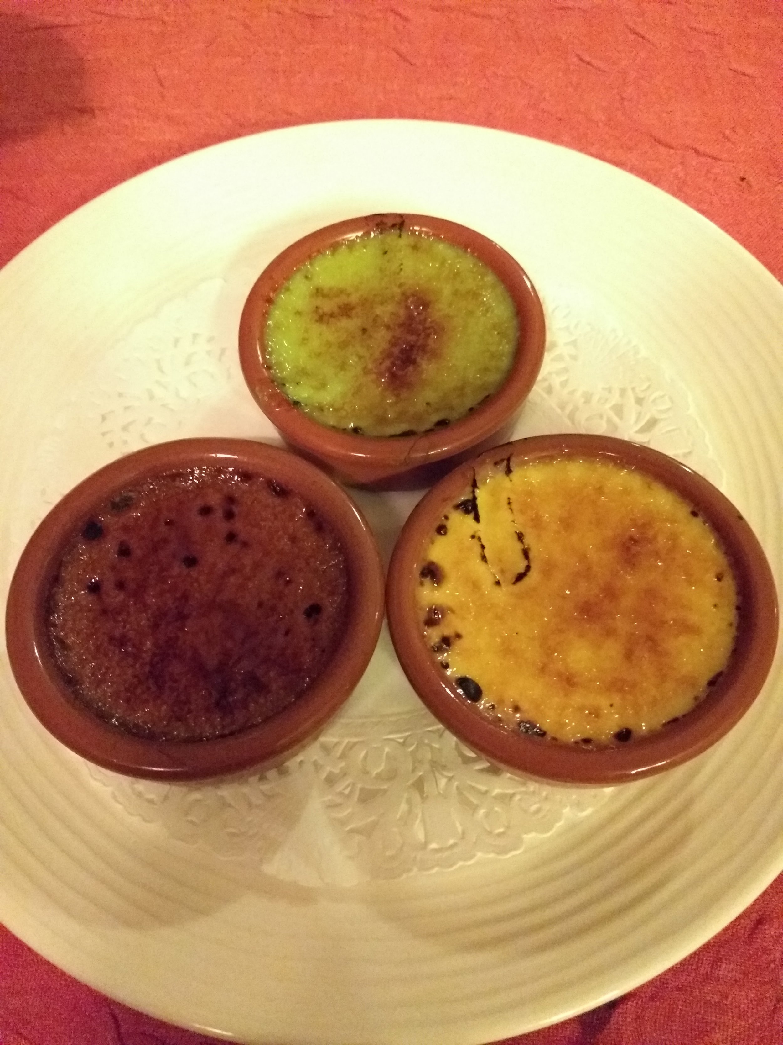 Trio of creme brulee for dessert