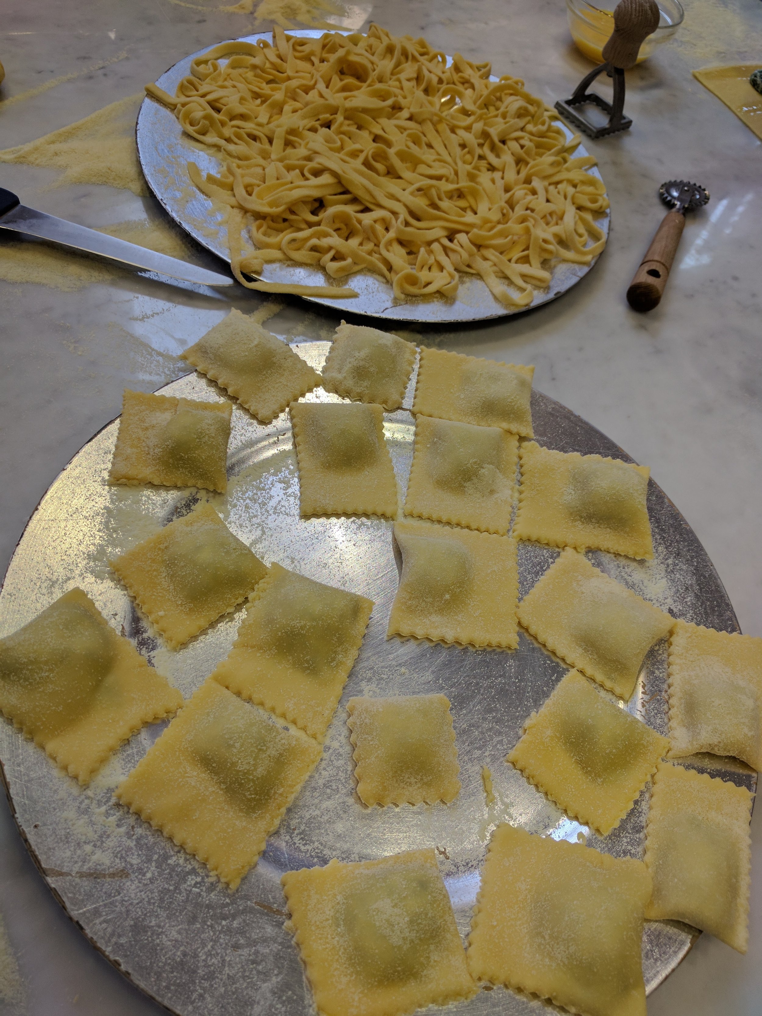 Raviolis and fettucine ready to go!