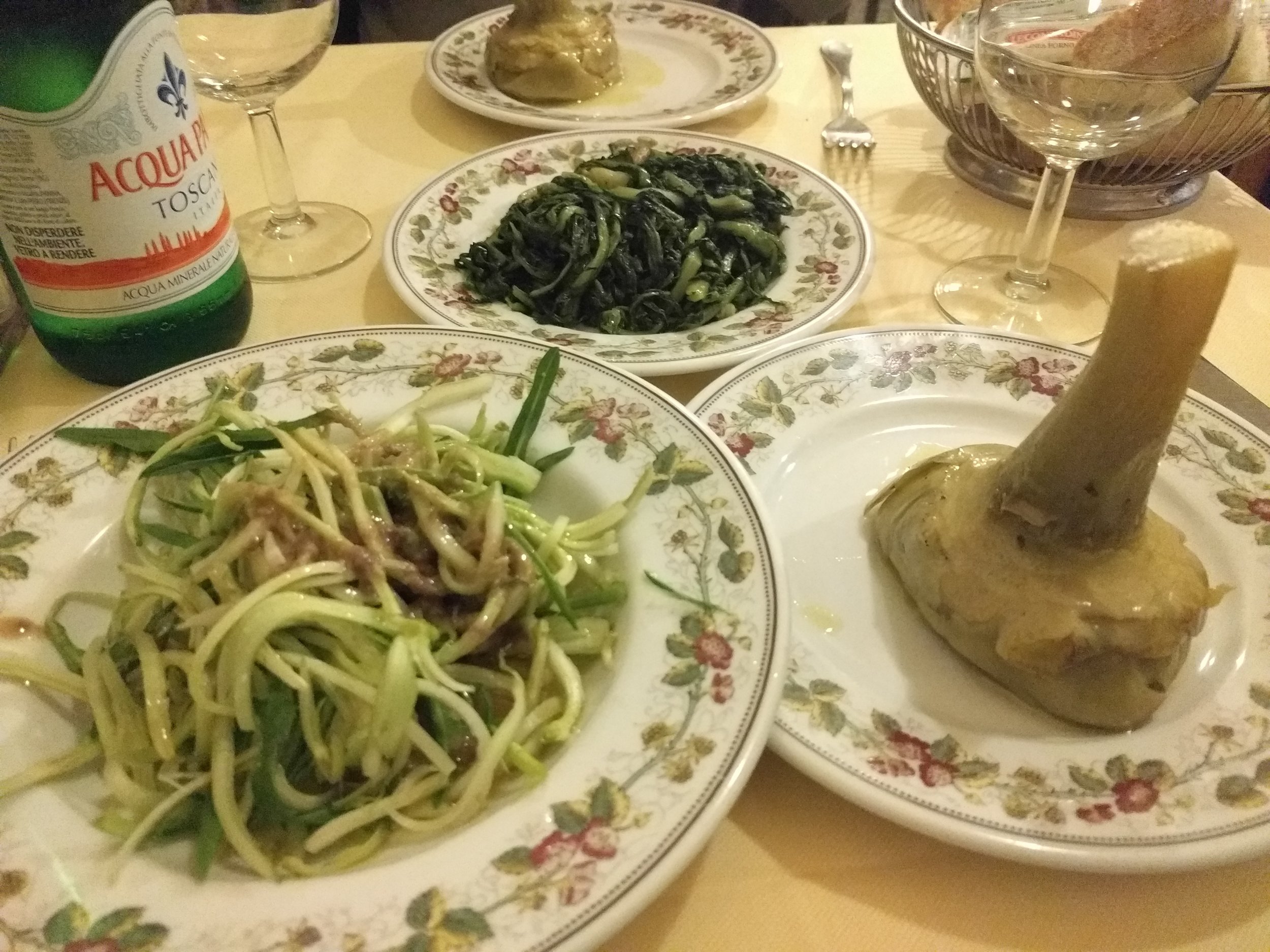 <p>Got puntarelle salad and Roman artichoke to start. The puntarelle was crisp but a bit too much dressing so it was too salty and hard to eat mouthfuls continuously. The Roman artichoke was very simple but delicious. The sauteed chicory was decent, tasted almost like spinach but with a more bitter note</p>
