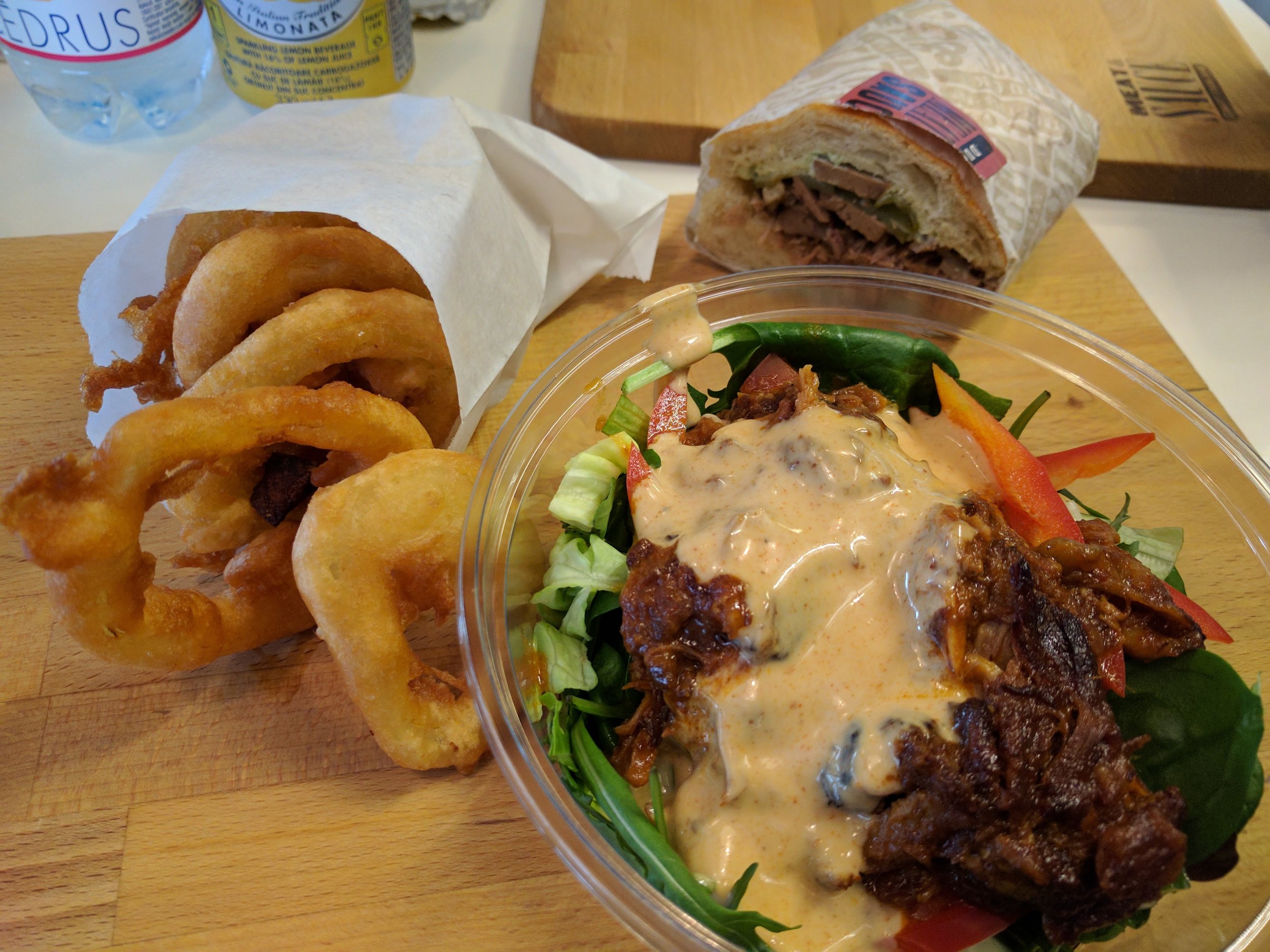 Short rib salad, onion rings, duck sandwich - Meat and Sauce