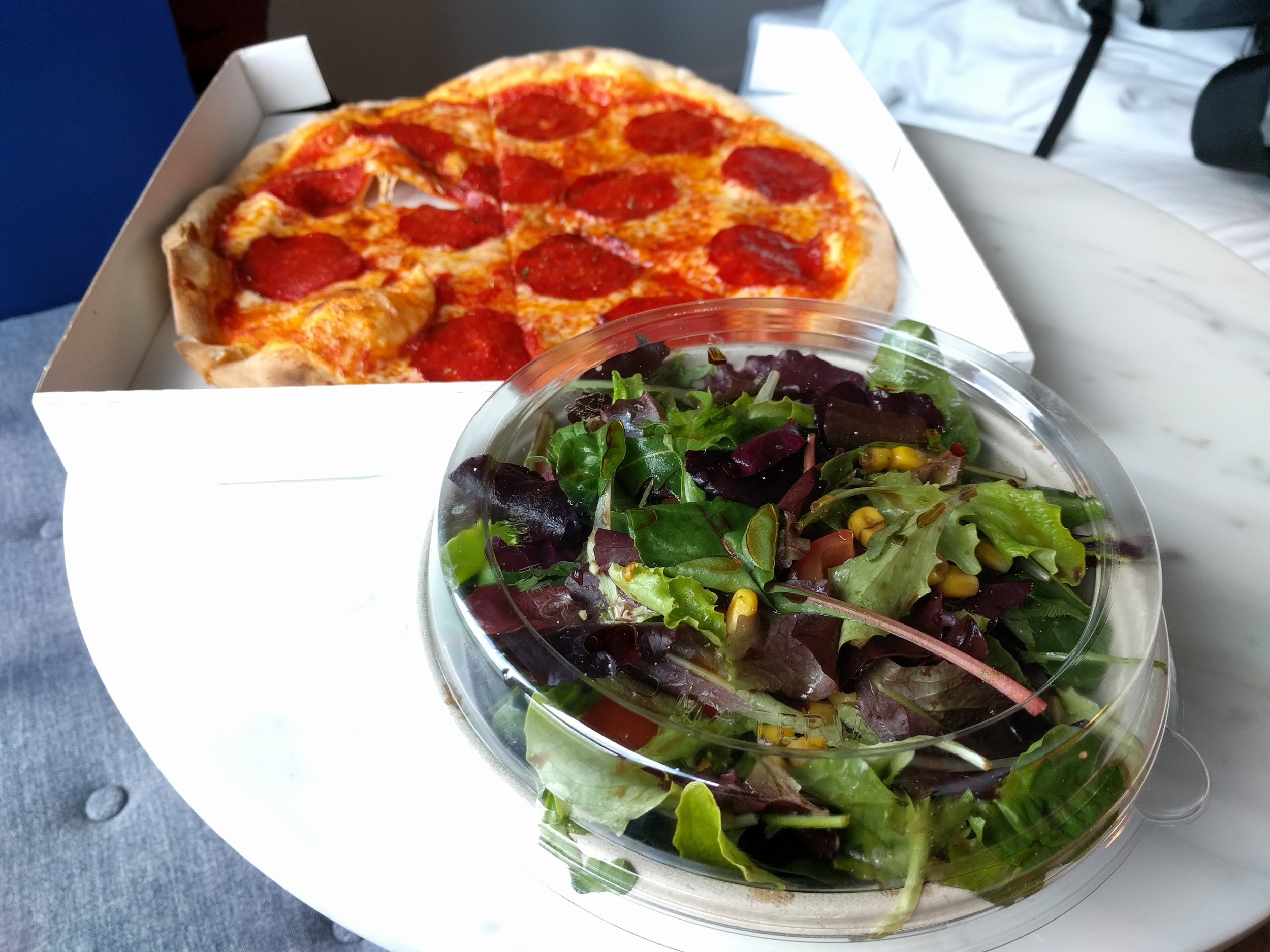 Pepperoni pizza and salad @ Mezzaluna