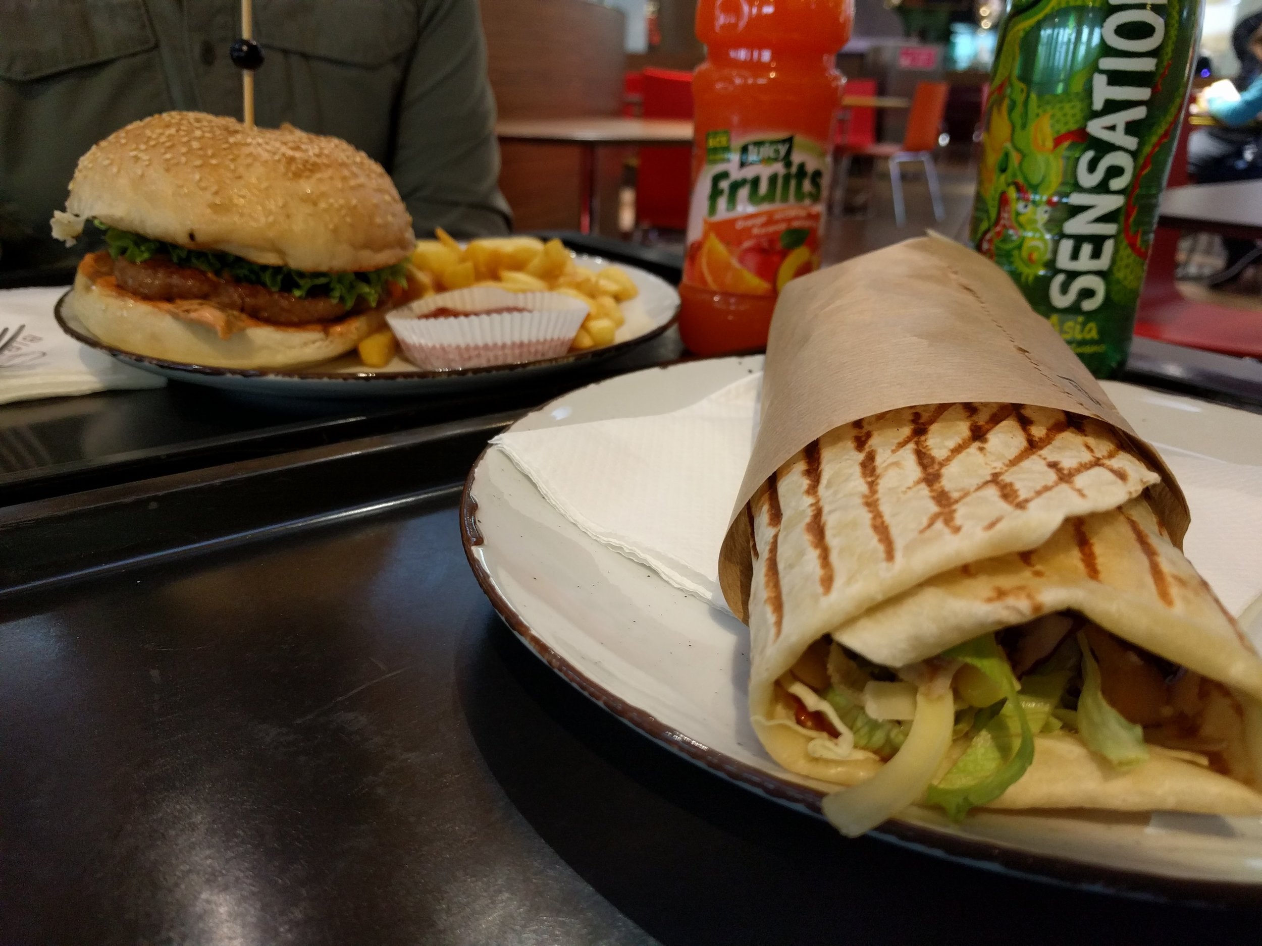 burger and chicken wrap for lunch
