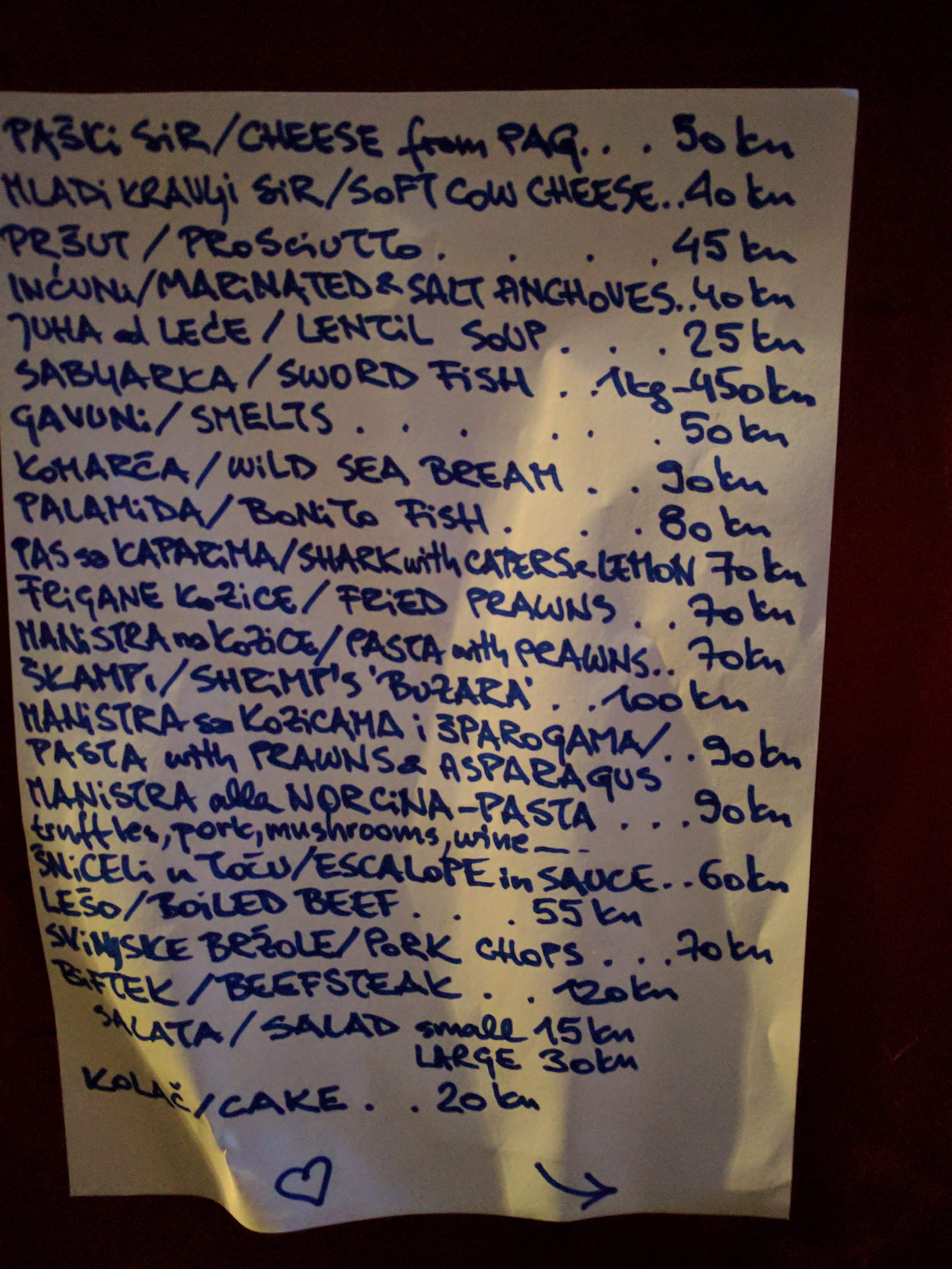 Menu at Villa Spiza