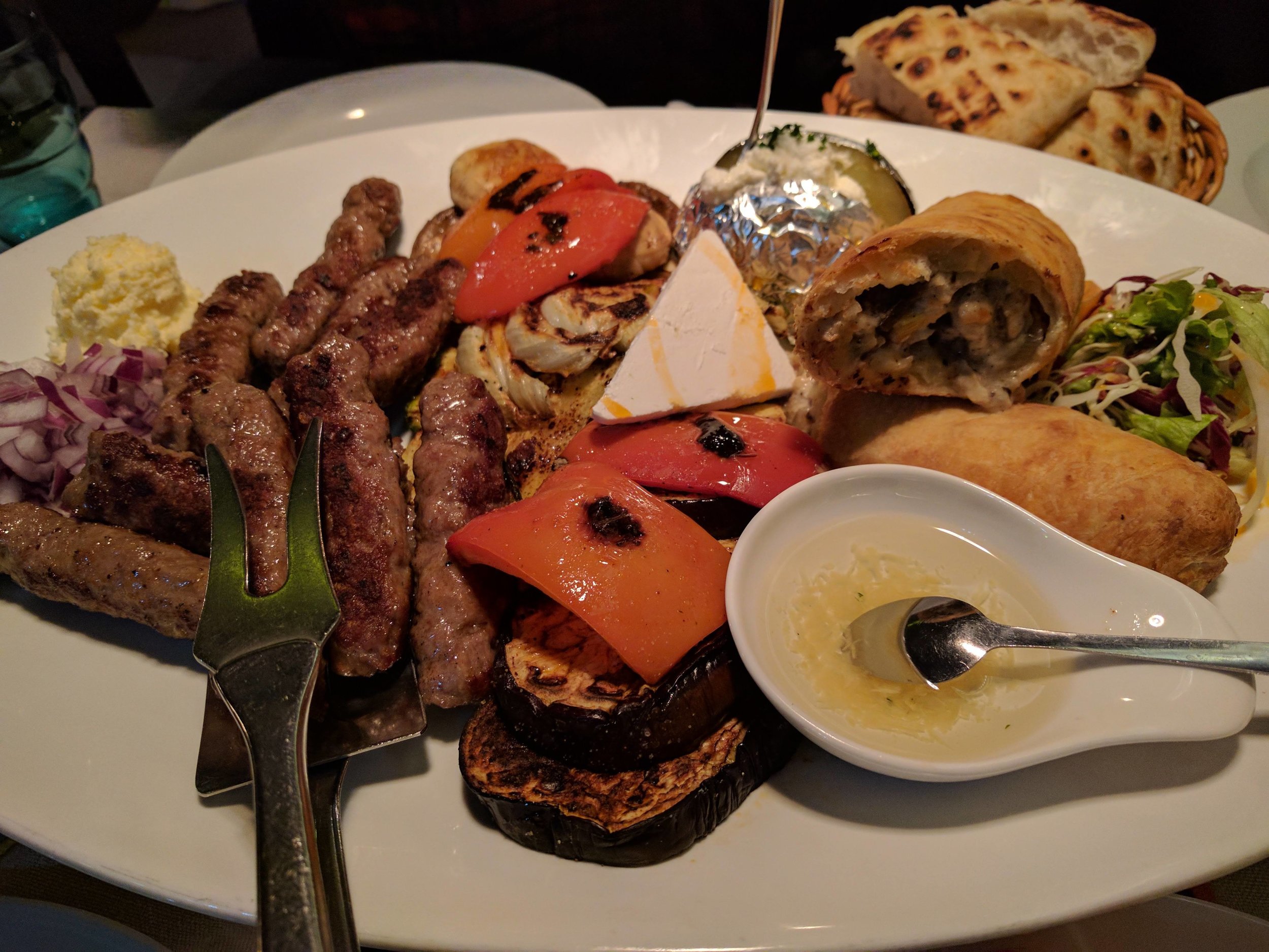Cevapi, house special (Turkey and veal rolled in dough) and veg @ Taj Mahal