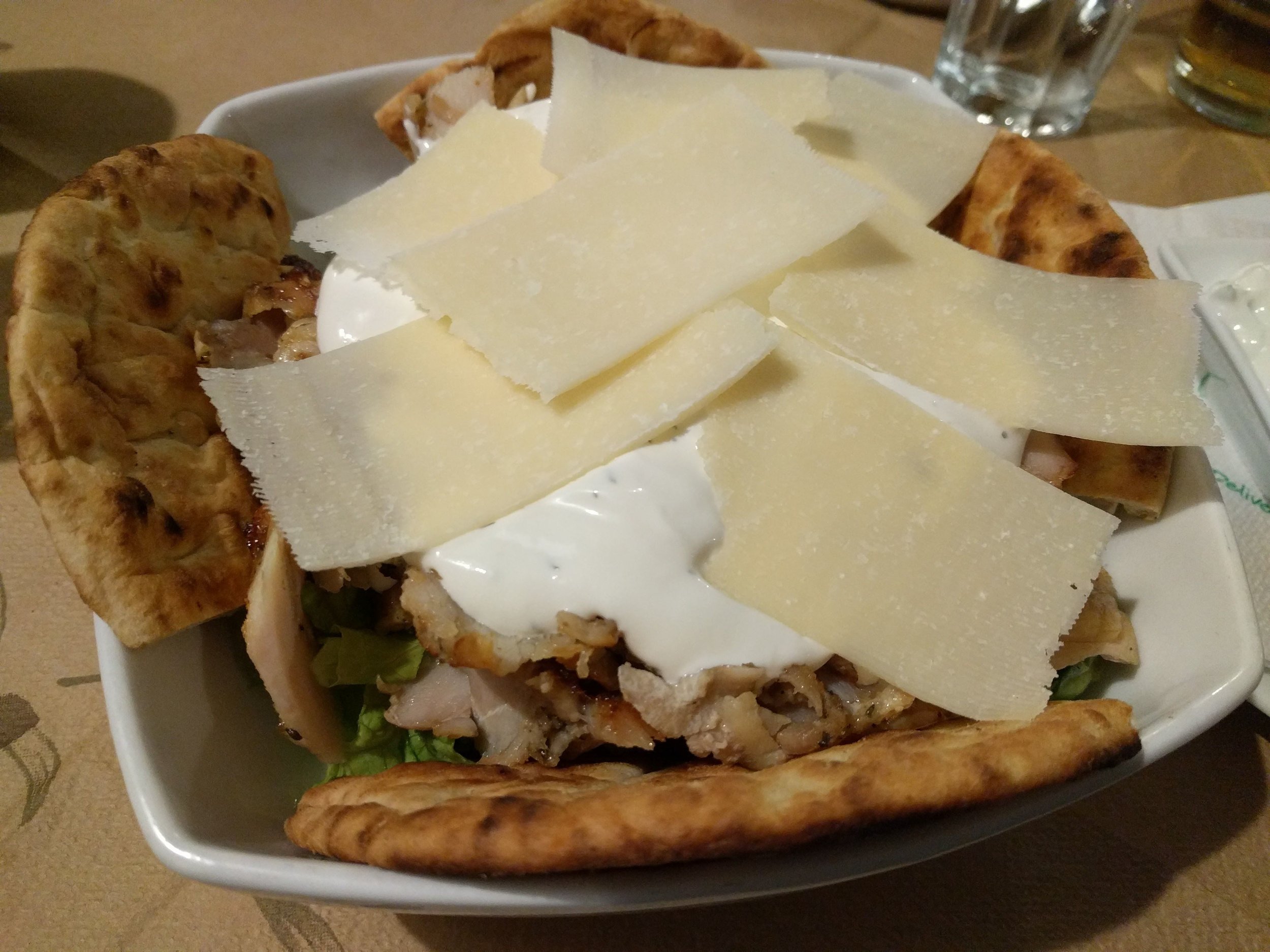 <p>Can you see the salad part? :) It came with lettuce and tomatoes, buried under all the chicken and cheese. Dressing was a yogurt dressing that was yummy, but there was way too much!</p>