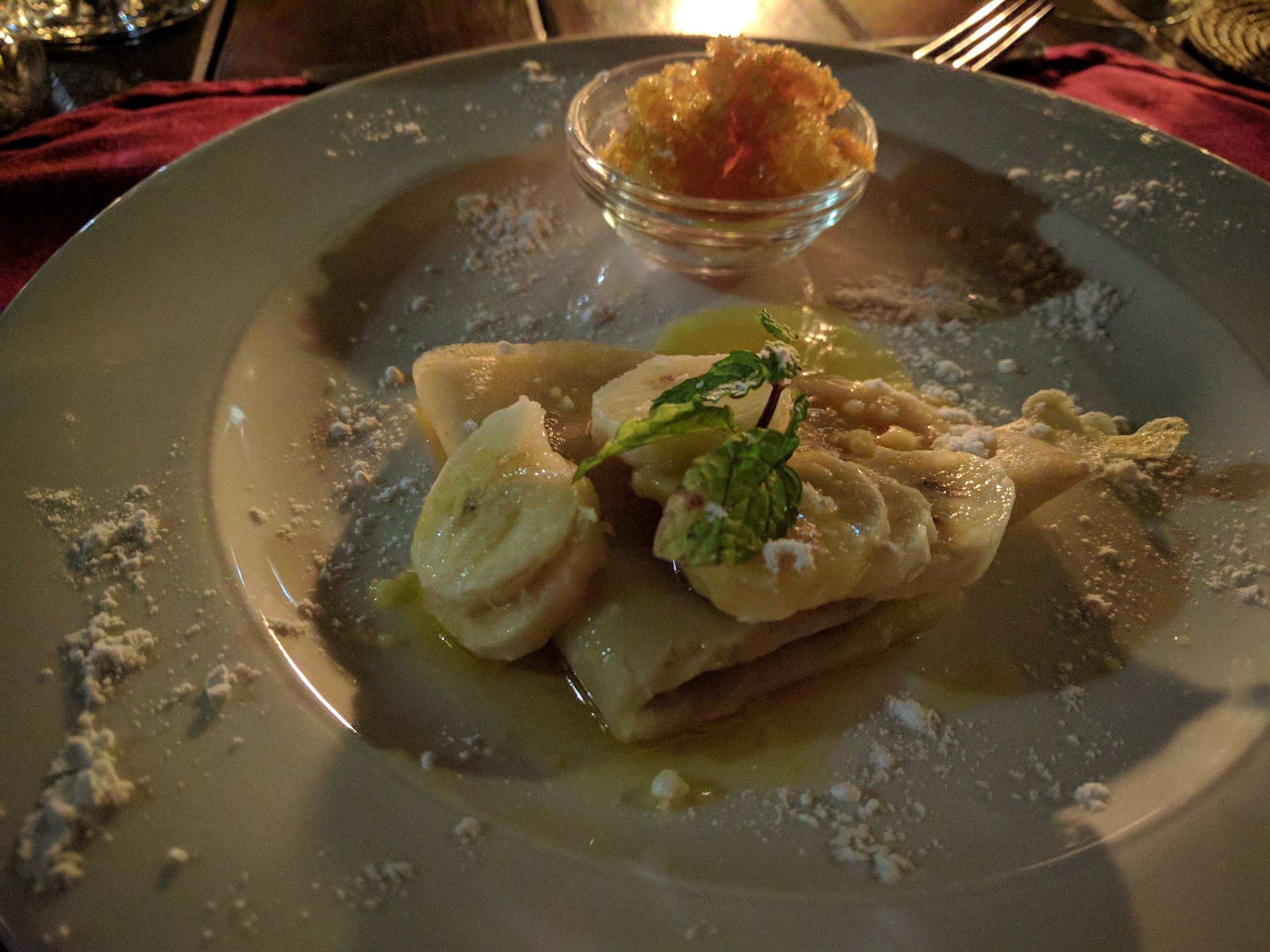 Banana pancake with caramel honey brittle