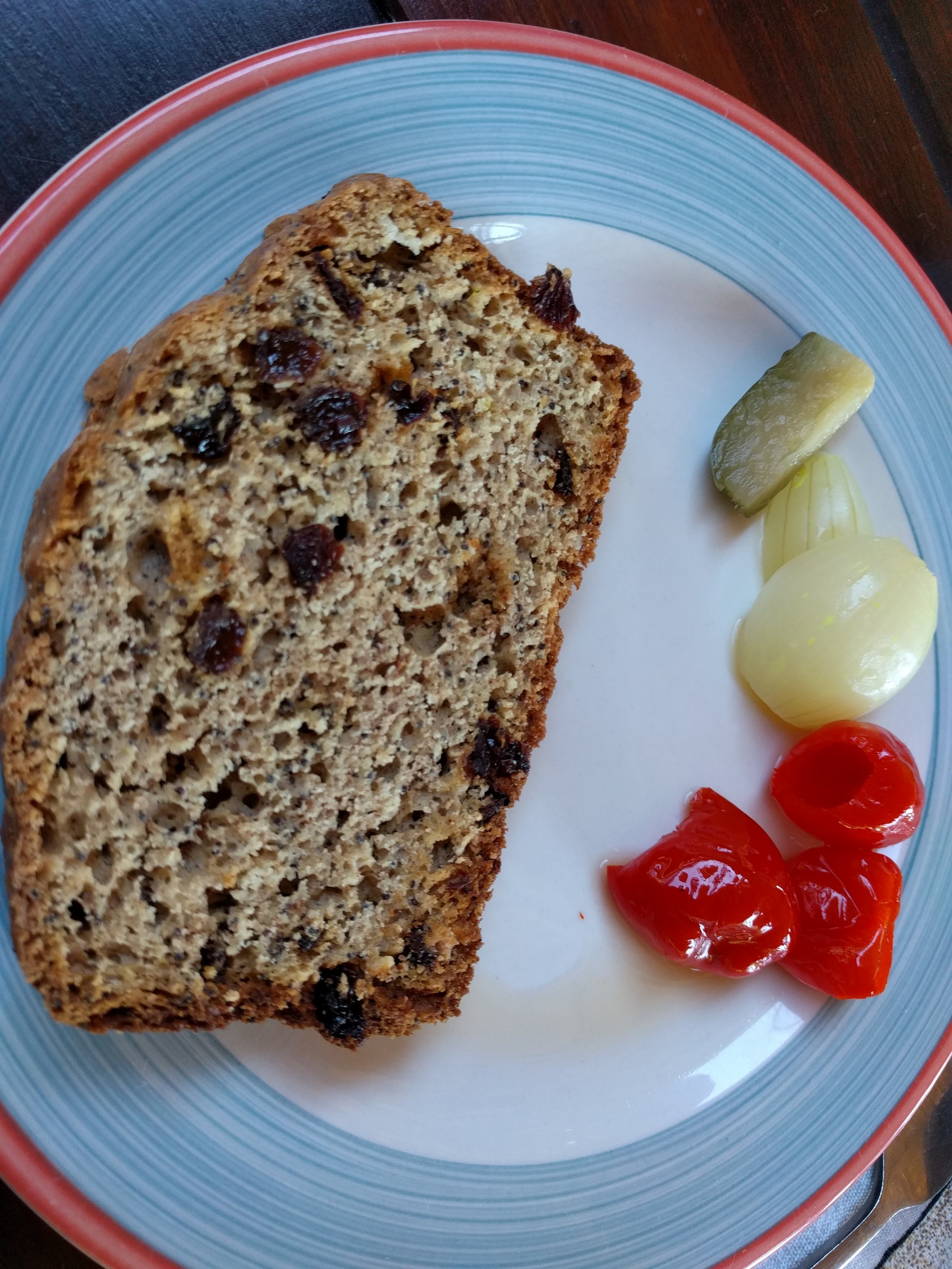 Cold breakfast - homemade raisin bread, pickled sweet peppers